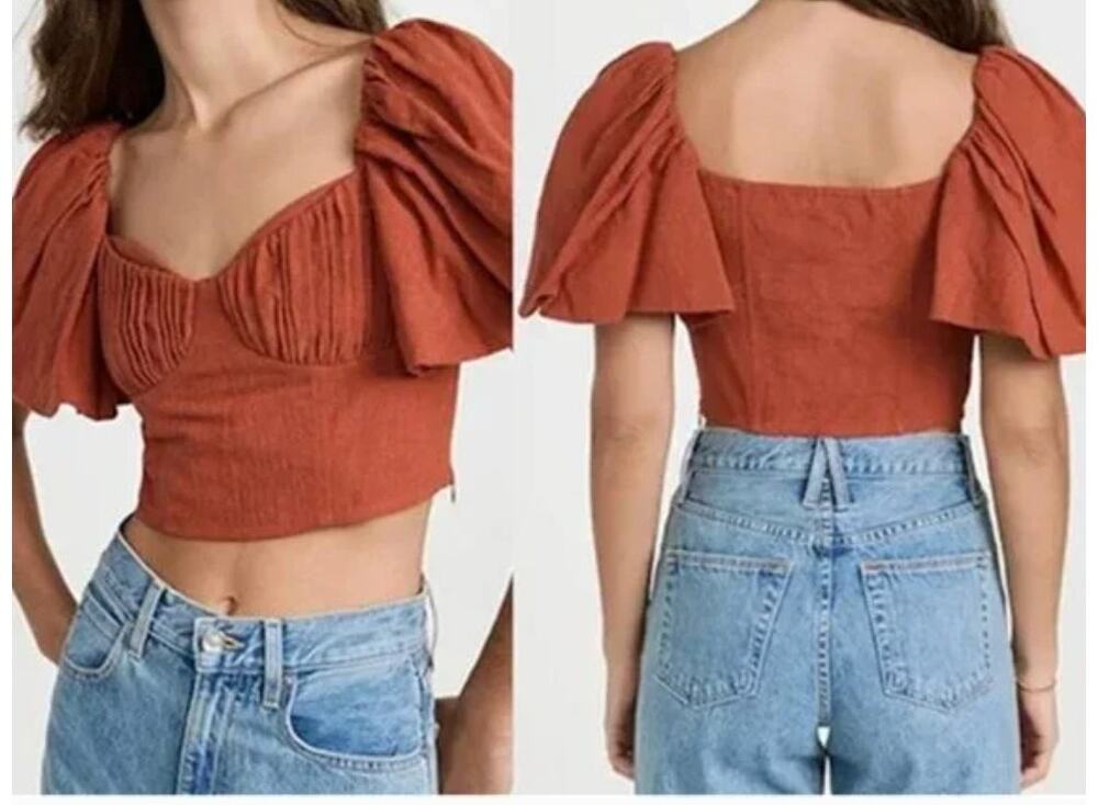 Jonathan Simkhai Flutter Sleeve Cotton Linen Quince Cropped Bodice Top NEW Sz 6